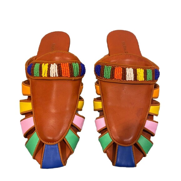 FARM RIO Rainbow Beaded Brown Vegan Leather Boho Mules Flats, Size 7.5 - Picture 1 of 7